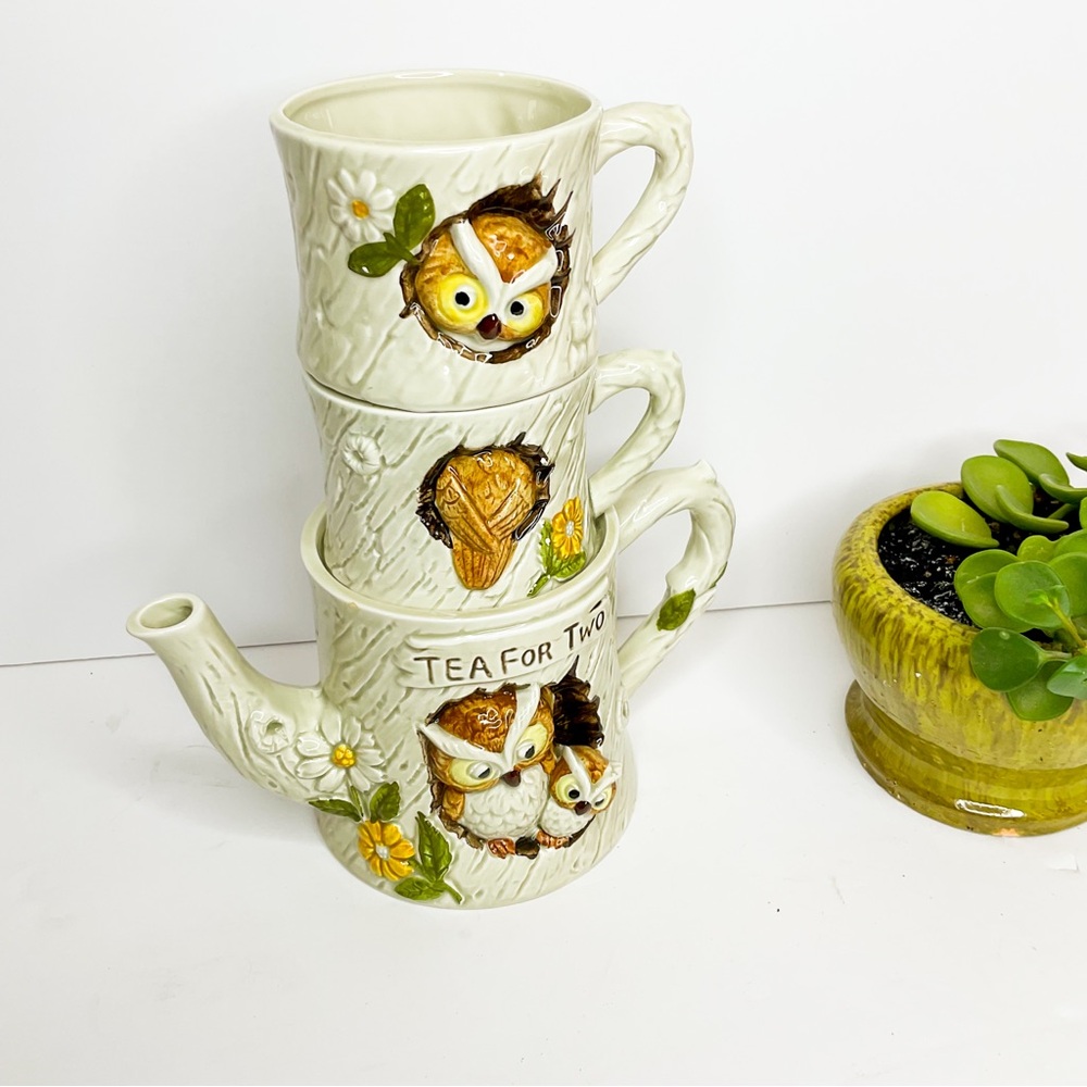 Vintage 1977 ENESCO Japan “Tea for Two” Owl Ceramic Teapot & Mug Set - Picture 11 of 12